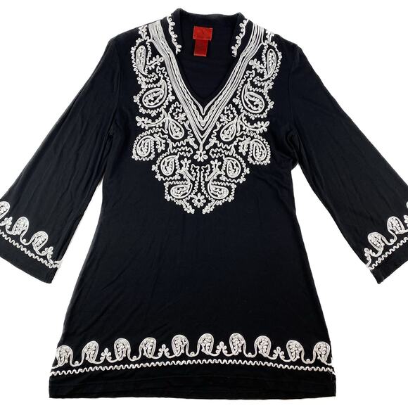 V Cristina Tops - V Cristina Boho Long Bell Sleeve Embroidered Tunic Top Women M  Black White
